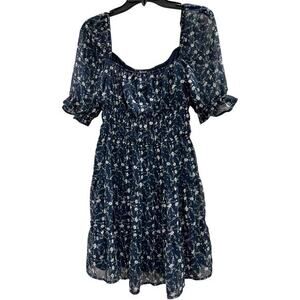 TRIXXI Blue Micro Floral fairy square neck tiered smocked dress sz M